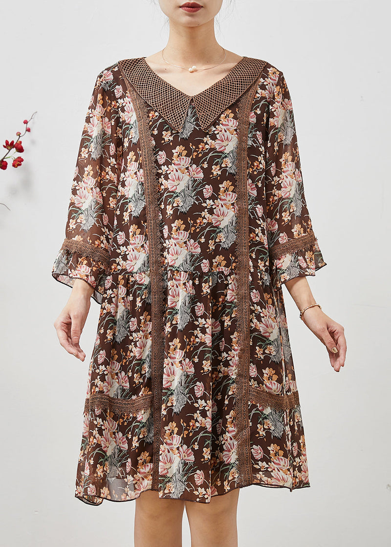 Brown Print Patchwork Lace Holiday Dress Summer