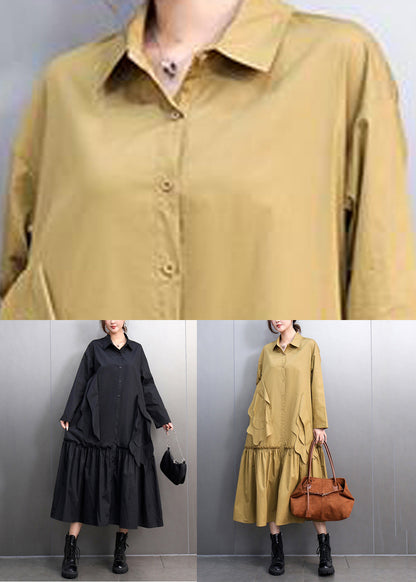 Yellow Peter Pan Collar Pockets Long Shirts Dresses Spring