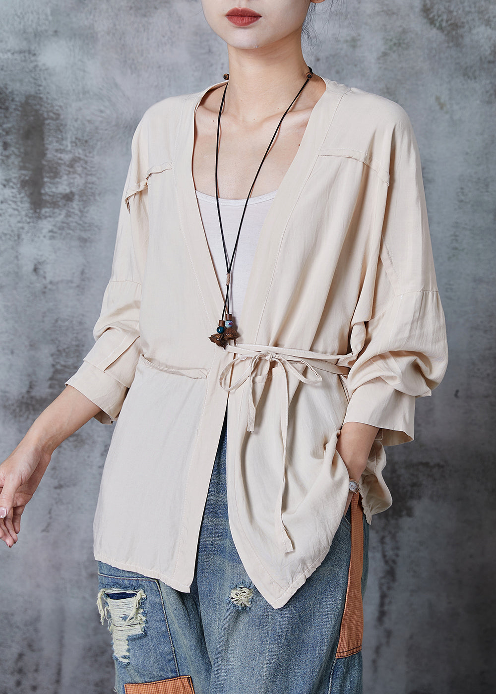 Beige Asymmetrical Tie Waist Cotton Blouse Tops Spring