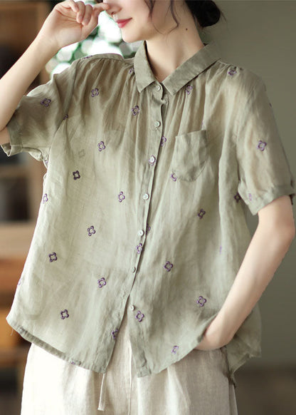 Grey Green Embroidered Linen Shirt Top Short Sleeve