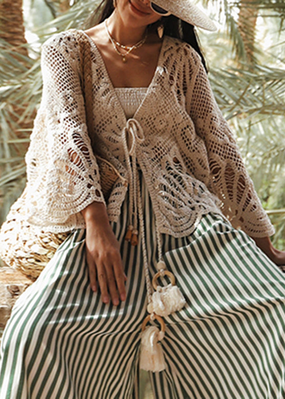 Beige V Neck Tie Lace Holiday Tops Batwing Sleeve