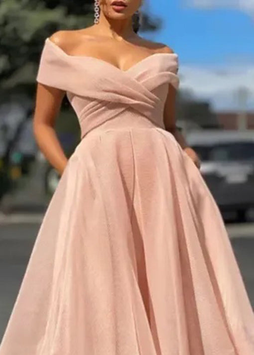 Classy Pink Cold Shoulder Wrinkled Tulle Dresses Summer