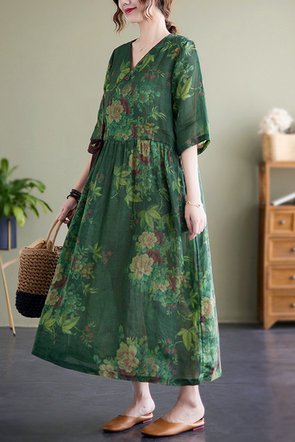 -new Green Dress Ramie Print Maxi Dress