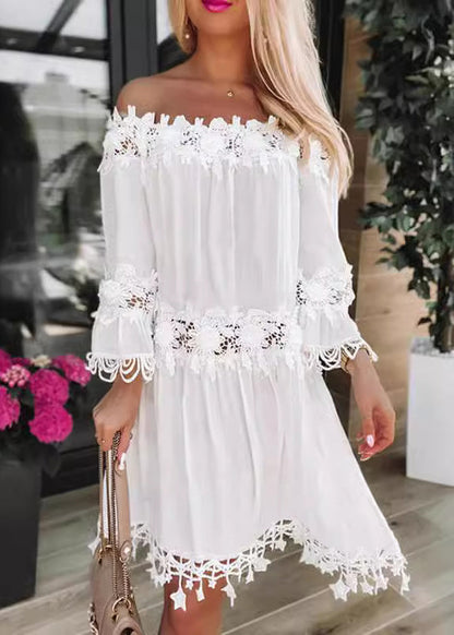 New European and American White Slash Neck Lace Patchwork Dress Summer