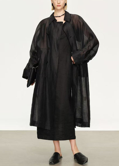 New Black Button Pockets Linen Silk Long Trench Coat Batwing Sleeve