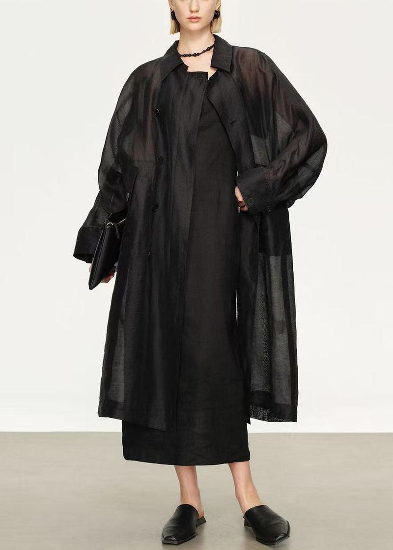 New Black Button Pockets Linen Silk Long Trench Coat Batwing Sleeve