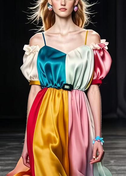 Colorblock Puff Sleeve Patchwork Silk Cami Dresses Summer