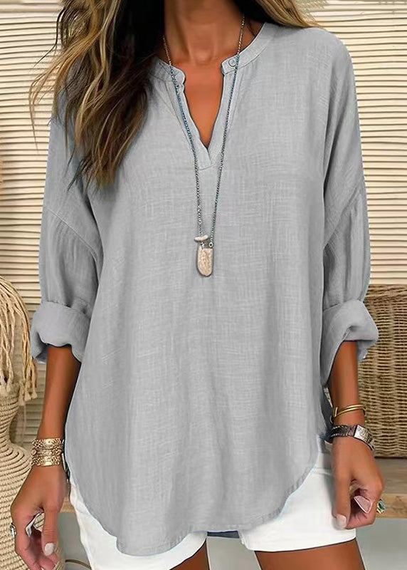 Blue V Neck Striped Cotton T Shirt Long Sleeve