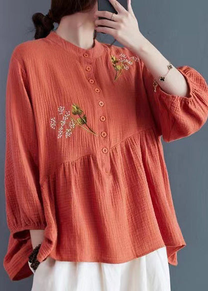 Brick Red Embroidered Cotton Tops Summer