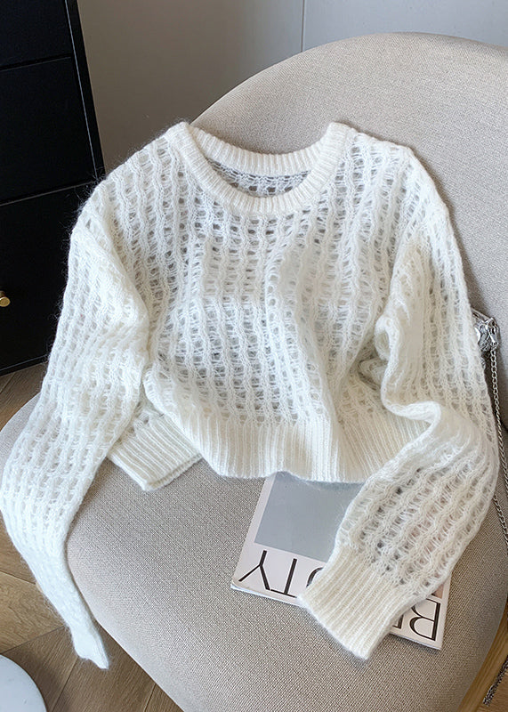 White O Neck Hollow Out Knit Pullover Fall