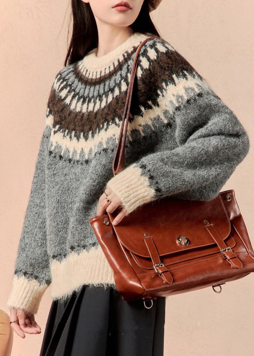 Grey O Neck Thick Patchwork Knit Sweater Winter