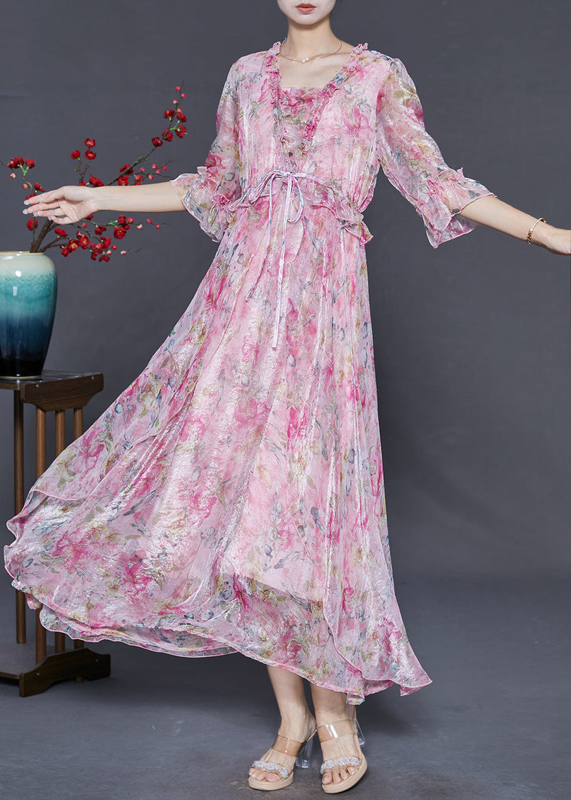 Pink Ruffled Print Silk Party Dresses Summer