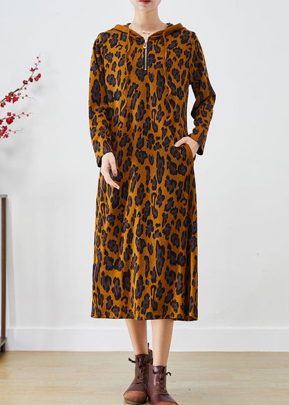 Brown Hooded Leopard Print Cotton Dresses Spring