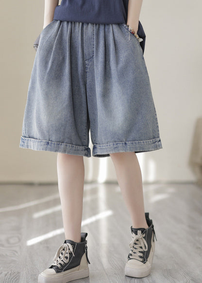 Light Blue Pockets Patchwork Cotton Denim Shorts