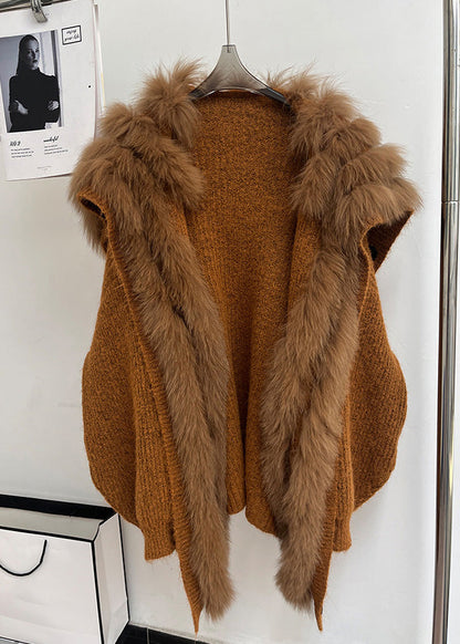 Brown Fox Collar Pockets Patchwork Knit Coats Fall