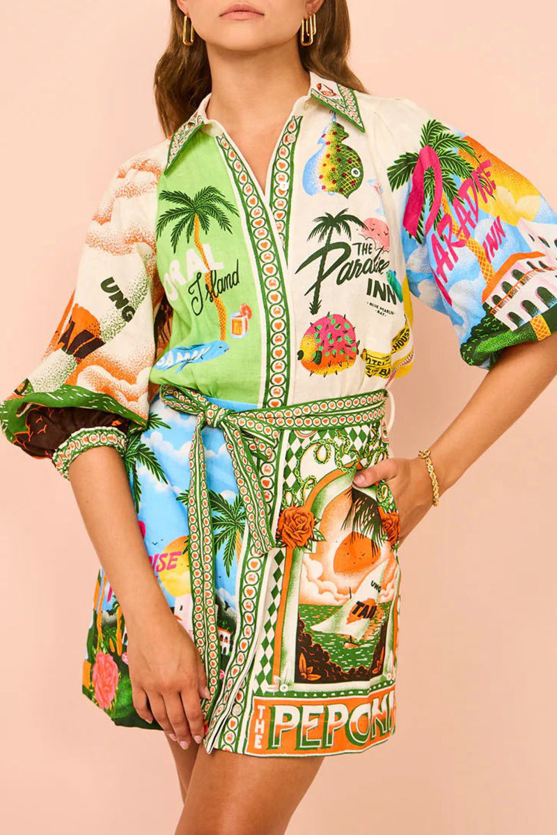 Frenulum Shirt Collar Printed Dresses