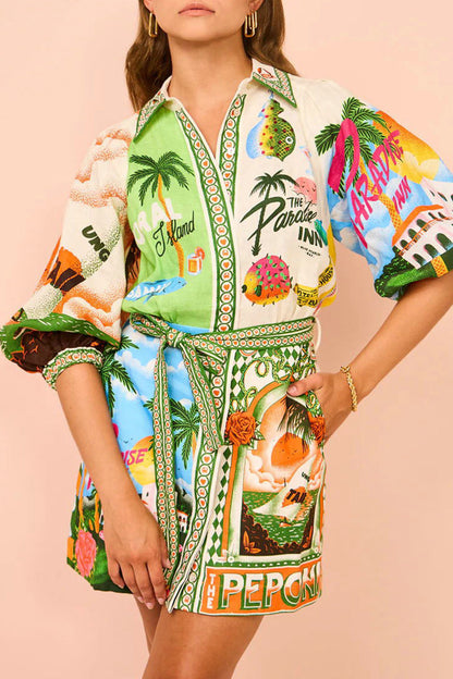 Frenulum Shirt Collar Printed Dresses