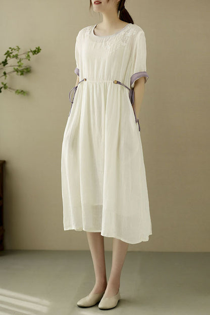 Summer Yellow Linen Embroidered Dress Short Sleeve Loose Dress