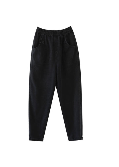 Black Cotton Denim Pants Button Cinched Spring