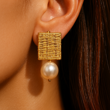 Golden Threads With Pearls Earrings