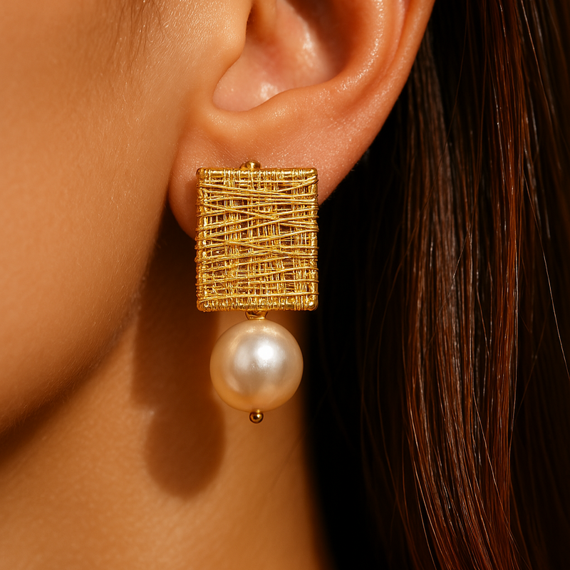 Golden Threads With Pearls Earrings