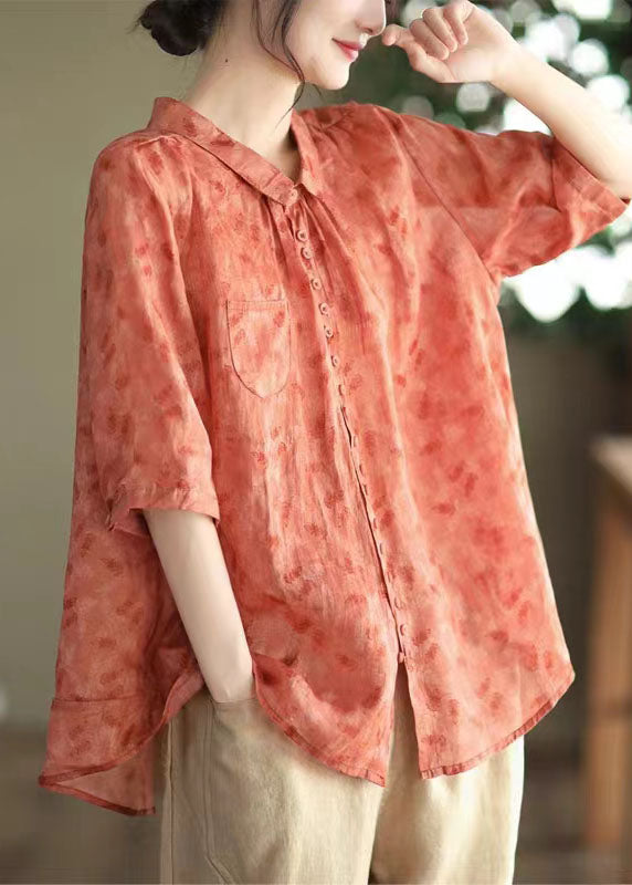 Diy Red Peter Pan Collar Print Patchwork Linen Blouses Summer