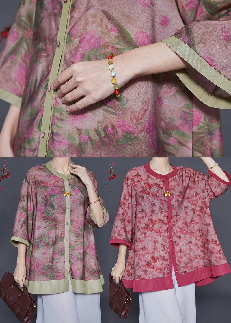 Red Print Cotton Shirt Oversized Bracelet Sleeve