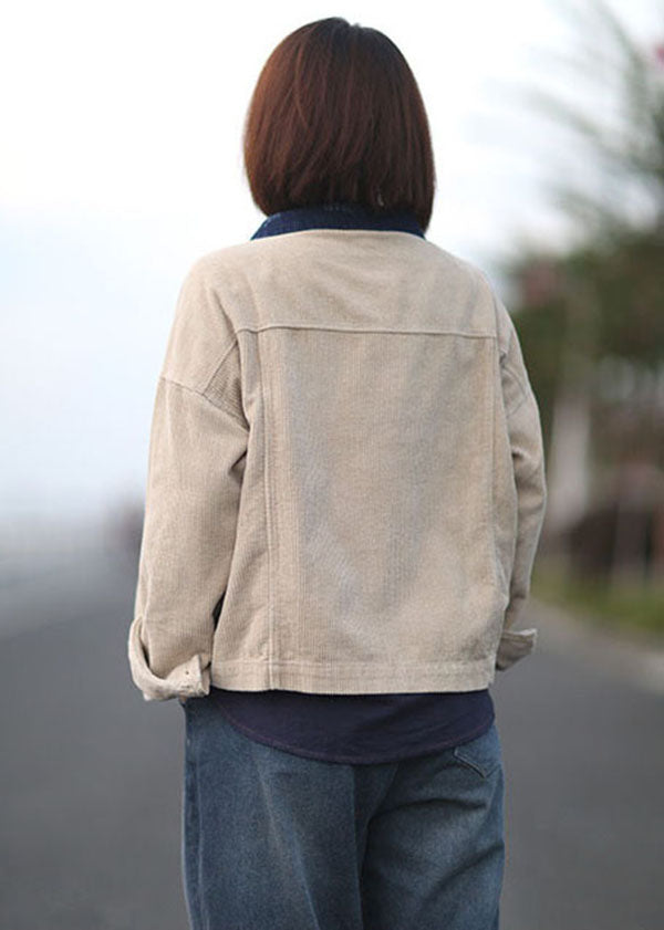 Apricot Peter Pan Collar Button Pockets Patchwork Corduroy Coats Long Sleeve