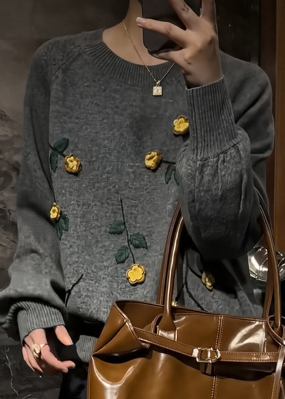 Novelty Grey O-neck Floralcozy Cotton Knit Sweaters Fall