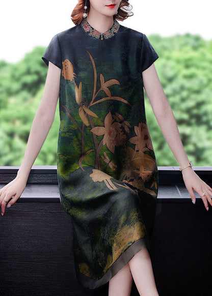 Green Print Silk Dress Embroidered Short Sleeve