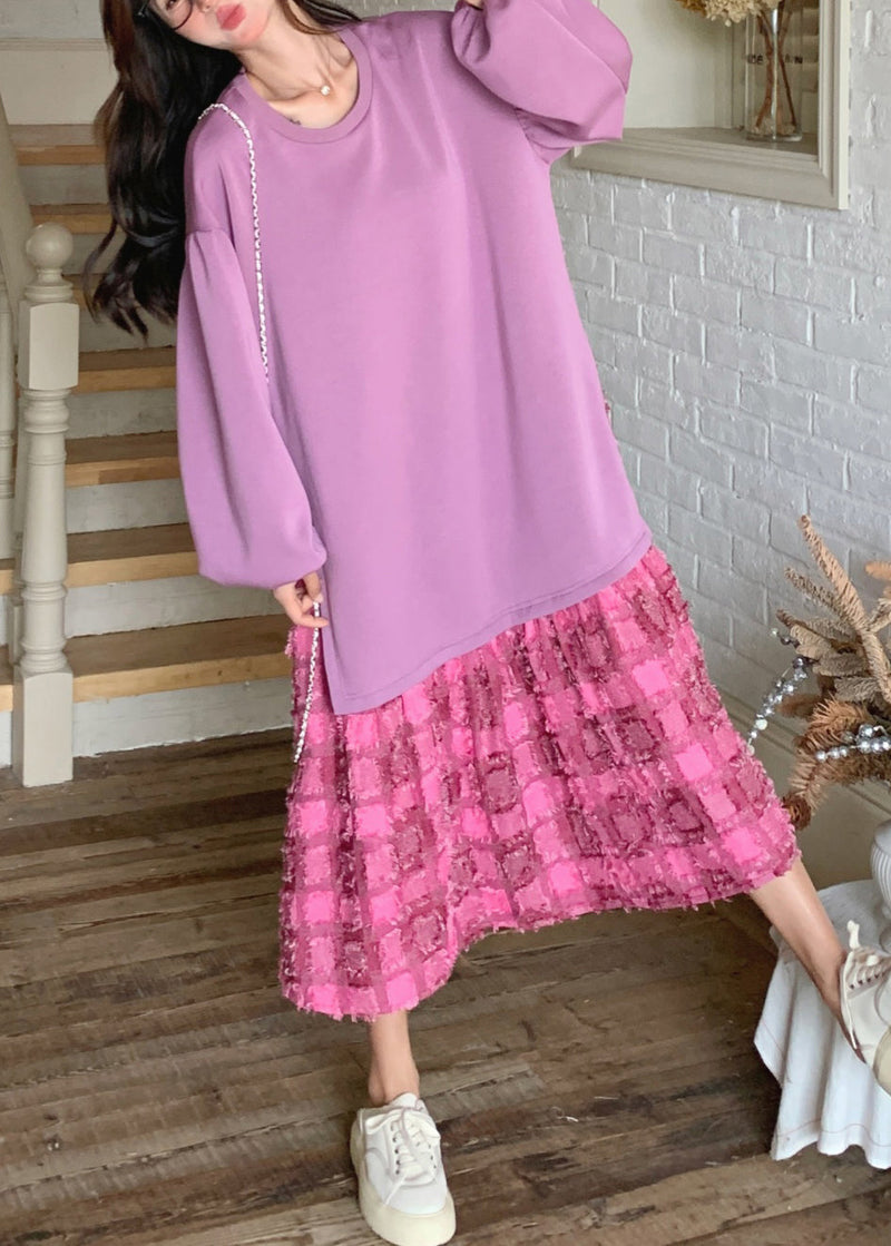 Loose Purple O-neck Plaid Maxi Dress Spring