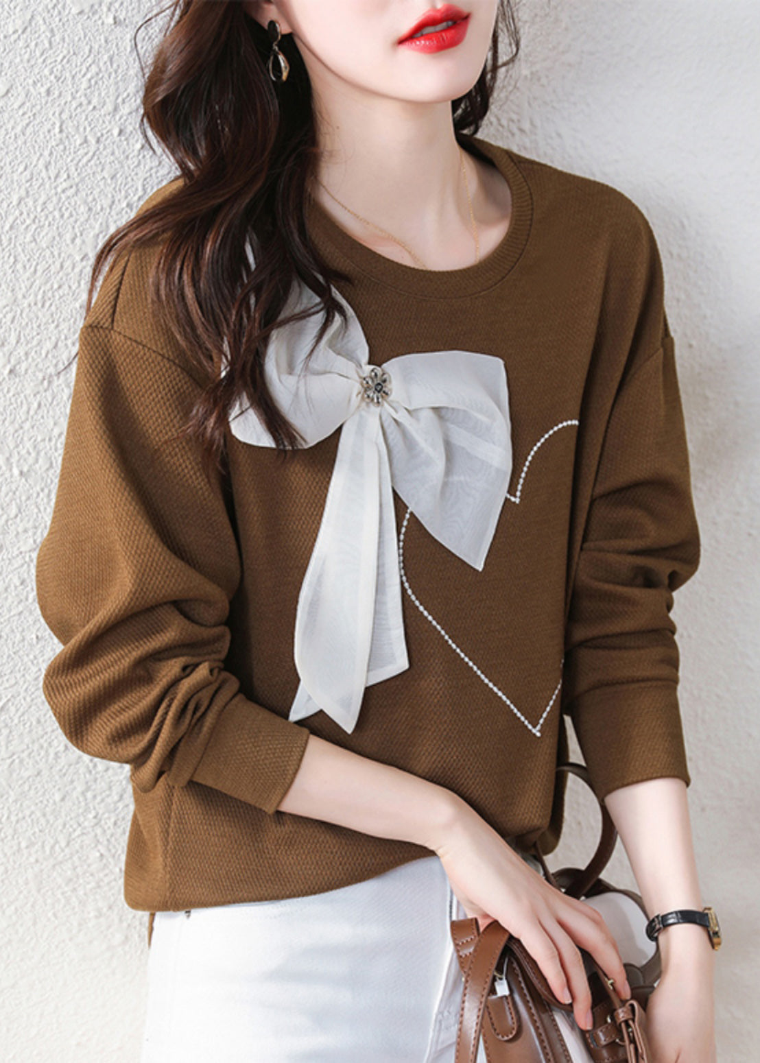 Stylish Coffee O Neck Bow Cotton Sweatshirt Spring