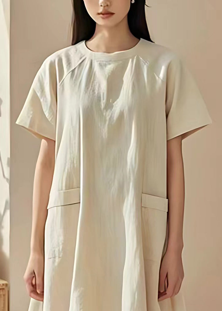 Beige O Neck Pockets Cotton Mid Dresses Summer