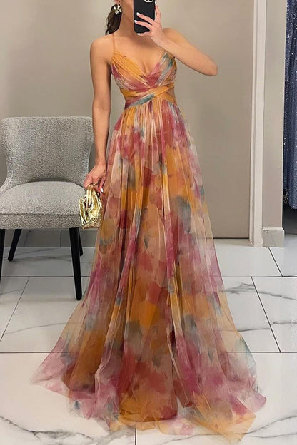 Giselle Tulle Render Print Cutout Waist Back Lace-up Maxi Dress