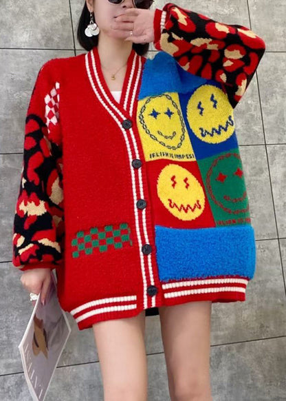 Purple V Neck Button Patchwork Knit Cardigans Spring