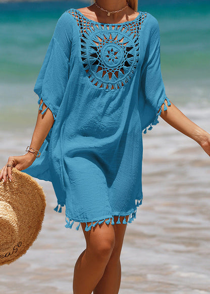 White O Neck Hollow Out Tassel Cotton Mid Dress Summer