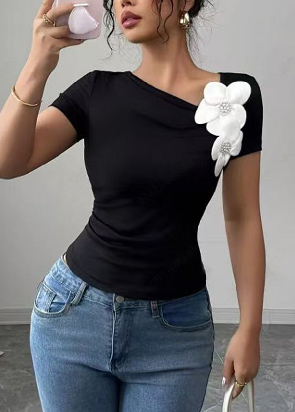 French Black Decorated Cotton Short Tops Summer