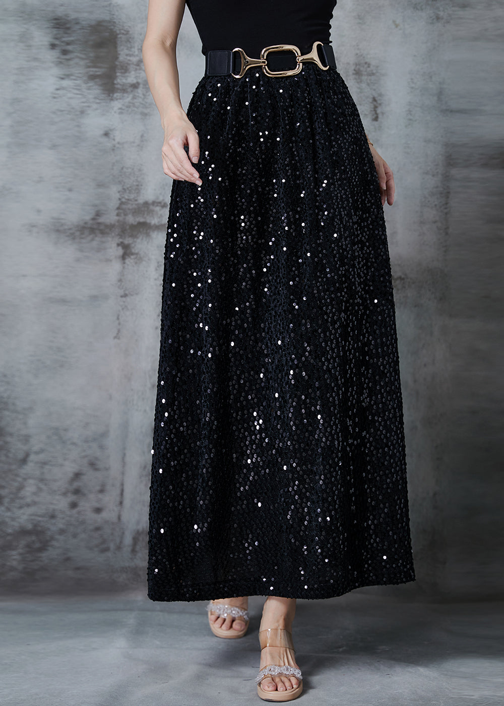 Stylish Black Sequins Cotton a Line Skirts Fall