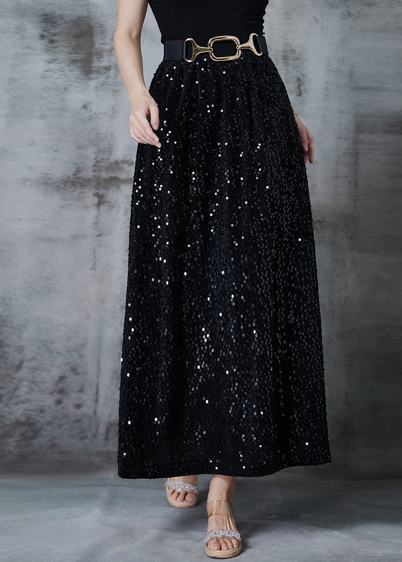 Stylish Black Sequins Cotton a Line Skirts Fall