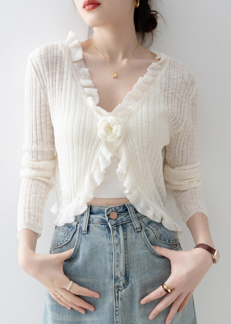 French Black V Neck Ruffled Knit Cardigan Spring