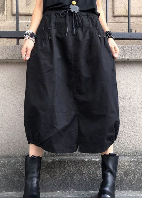 Black Wrinkled Pockets Elastic Waist Cotton Skirts Spring