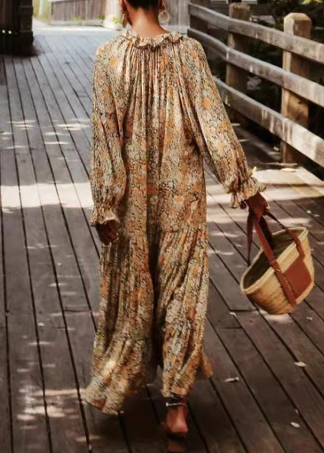 Khaki Ruffled Print Patchwork Cotton Long Dress Spring