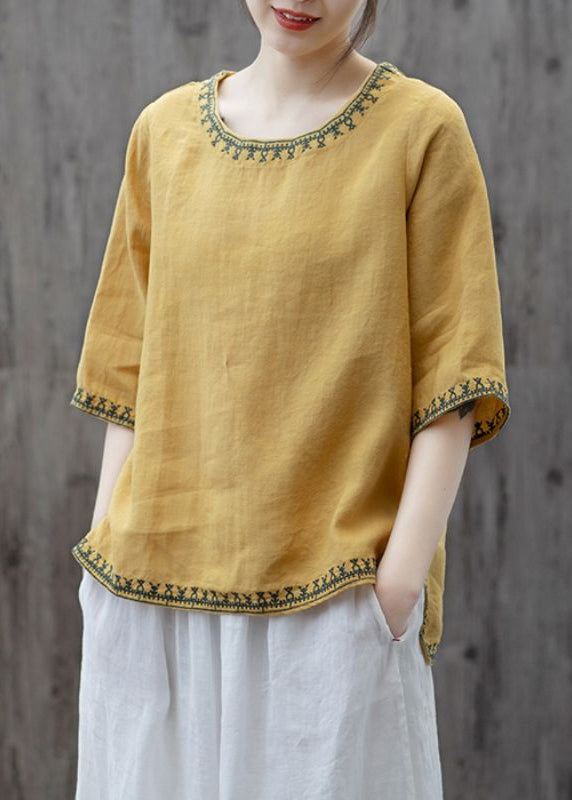 Yellow O Neck Embroideried Patchwork Cotton T Shirts Summer