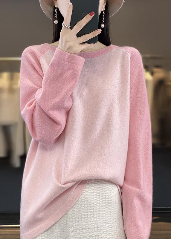 Pink O-neck Patchwork Wool Knit Sweaters Top Fall