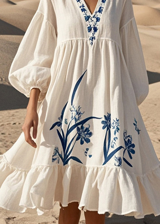 White Oversized Print Cotton Dress Bracelet Sleeve