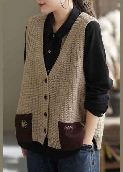 Khaki Oversized Patchwork Pockets Knit Vest Sleeveless