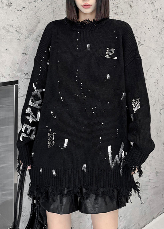 Black Graphic Hole Thick Cotton Knit Sweater Fall