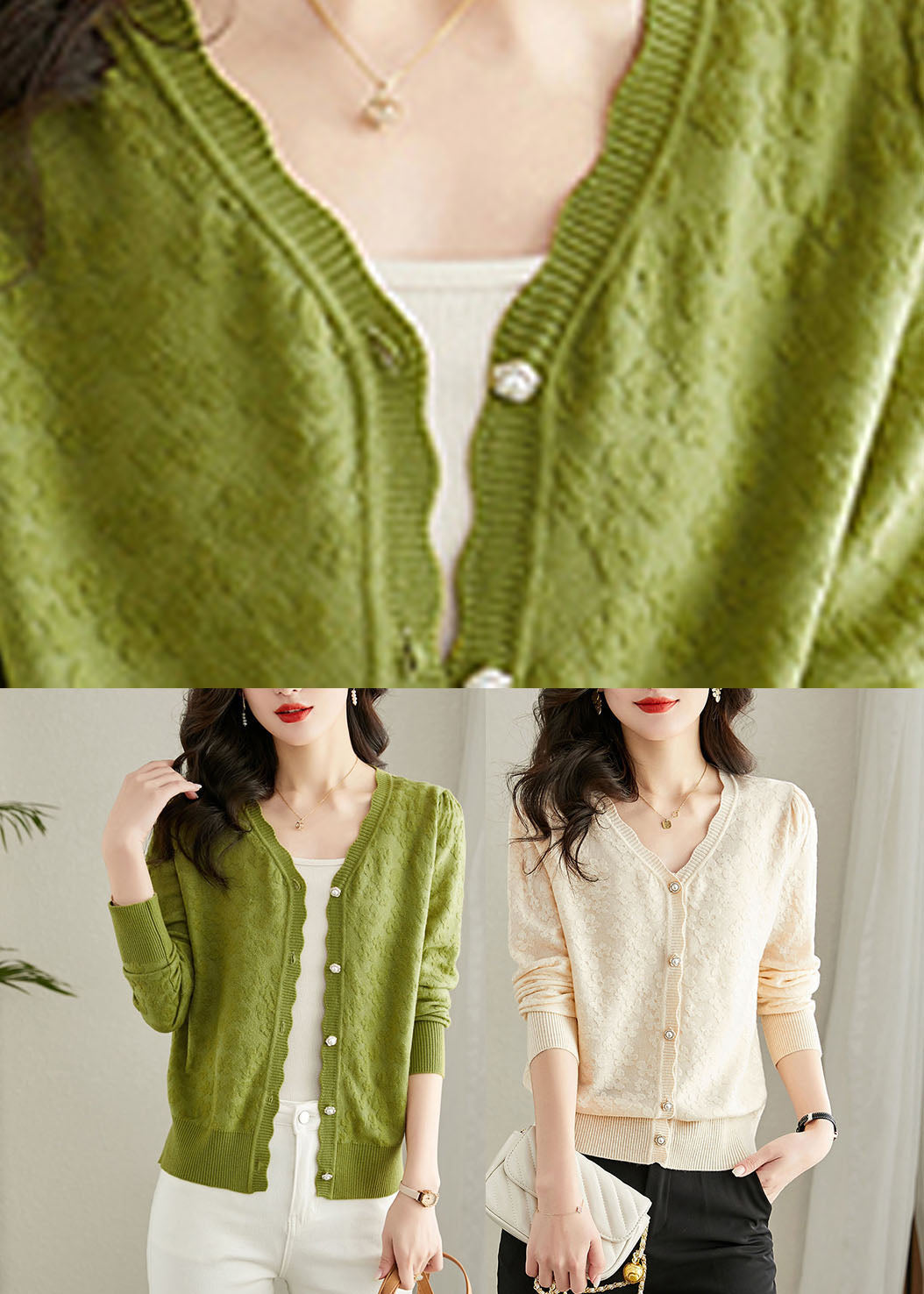 Green Embroideried Button Knit Cardigans Fall