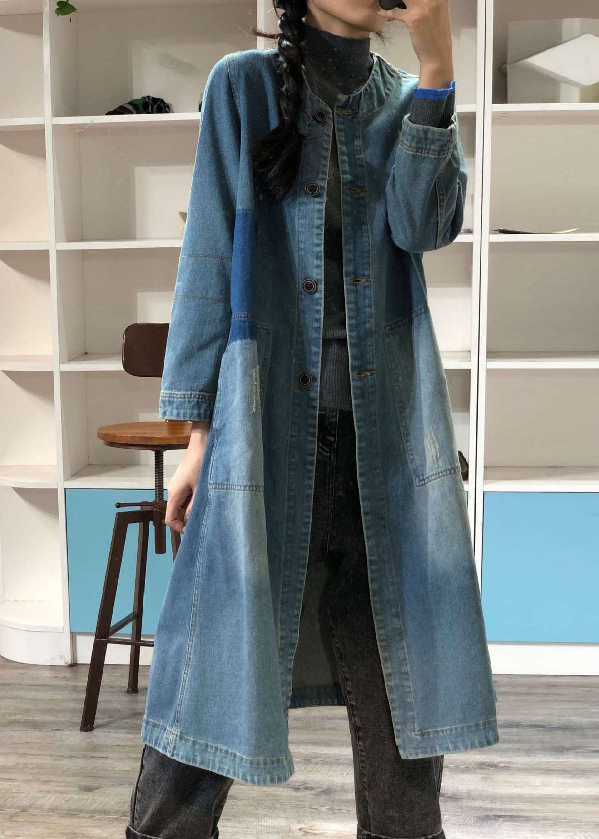 Loose Blue O-neck Button Patchwork Denim Coat Outwear Fall