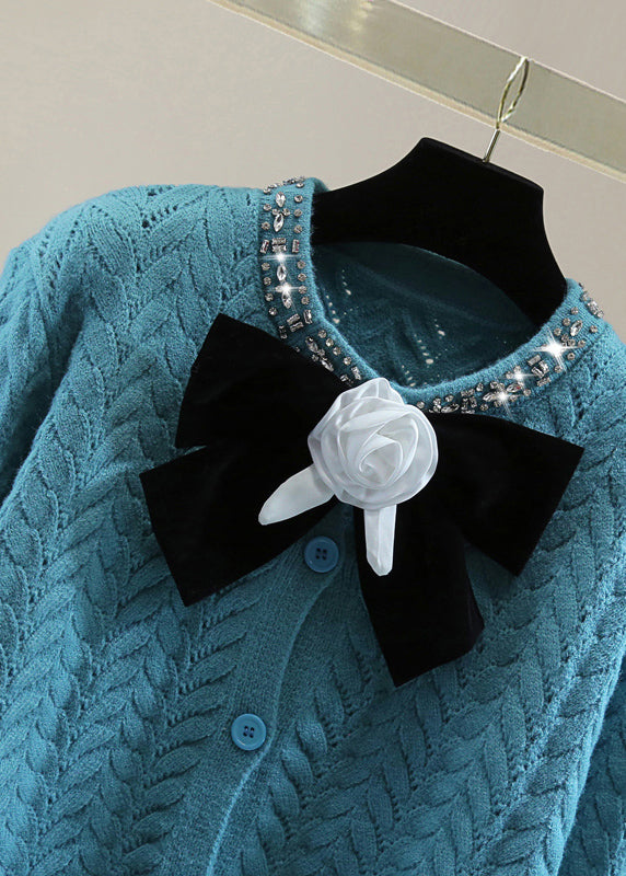 Blue O-neck Zippered Bow Thick Cable Cotton Knit Sweaters Winter